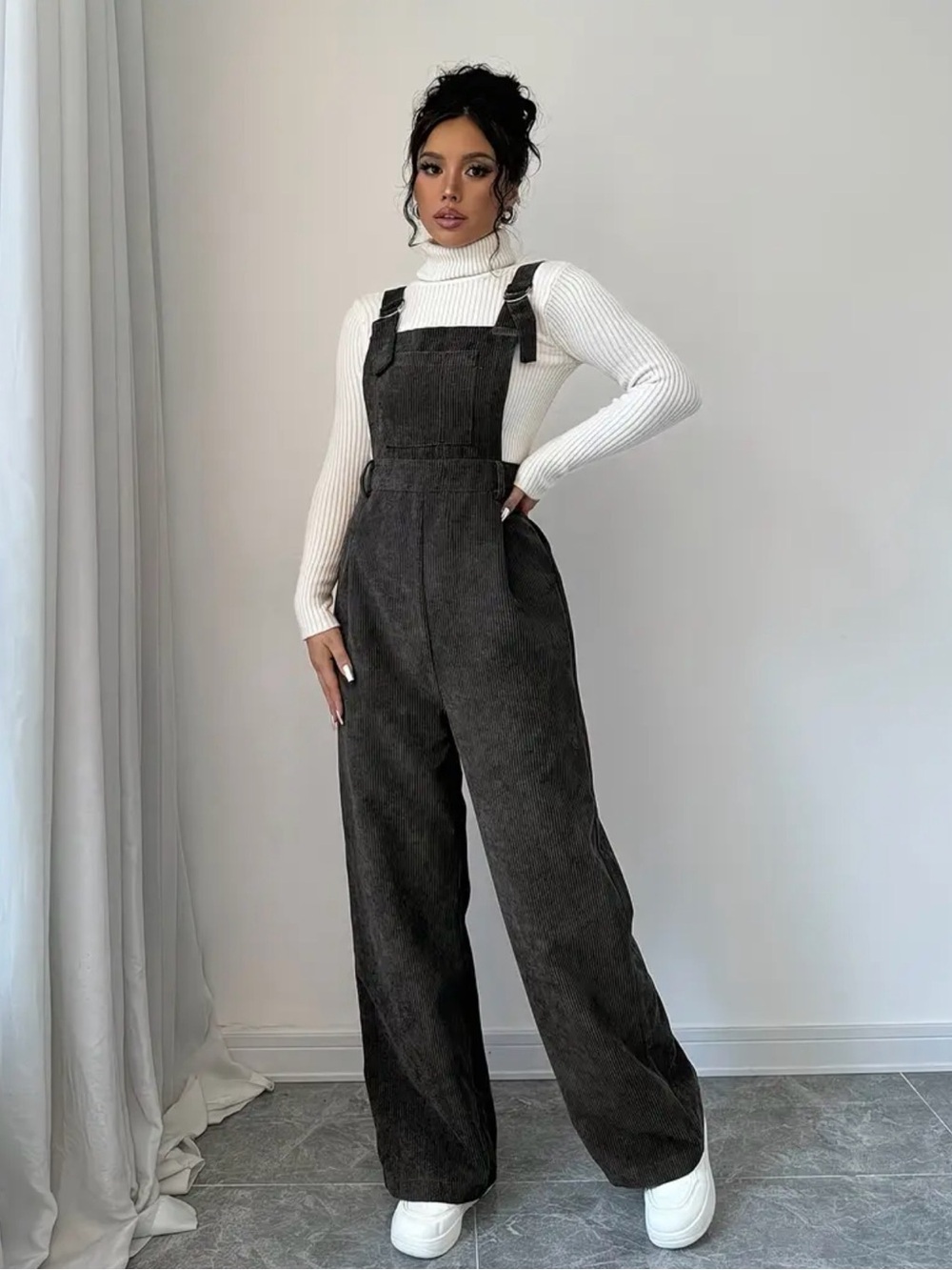 Women's Black Corduroy Wide-Leg Overalls
